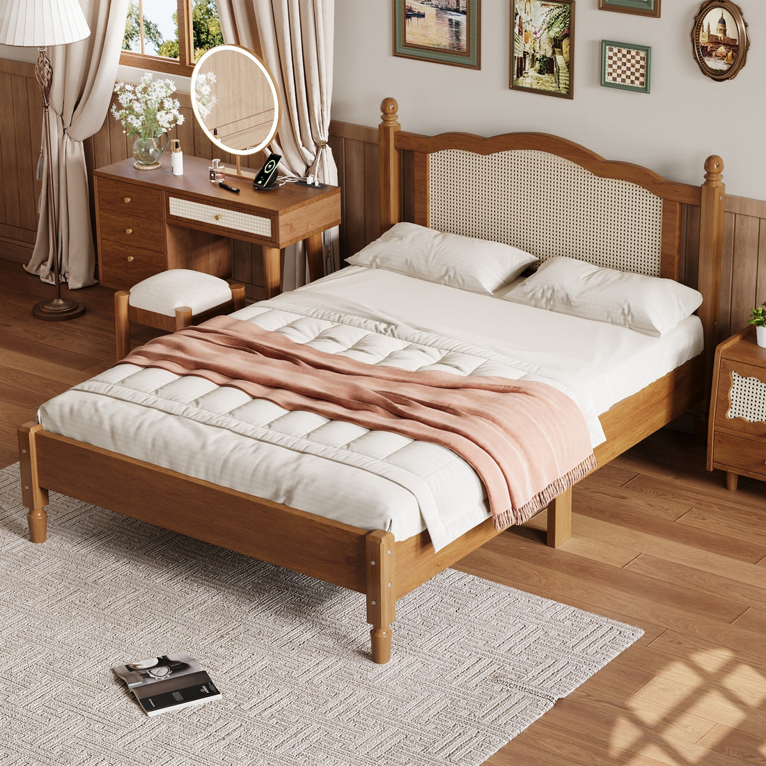 Full Size Wooden Platform Bed With Natural Rattan Headboard, Vintage Bed Frame With Wooden Slat Support, Walnut Expected Arrival Time: 08.23 Box Spring Not Required Full Walnut Wood