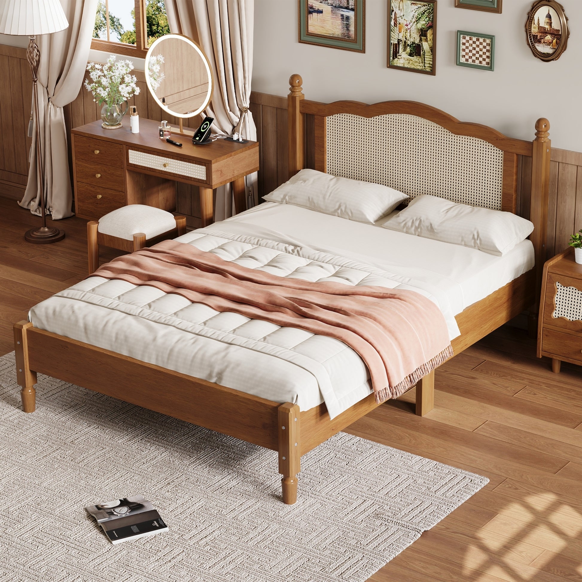 Full Size Wooden Platform Bed With Natural Rattan Headboard, Vintage Bed Frame With Wooden Slat Support, Walnut Expected Arrival Time: 08.23 Box Spring Not Required Full Walnut Wood
