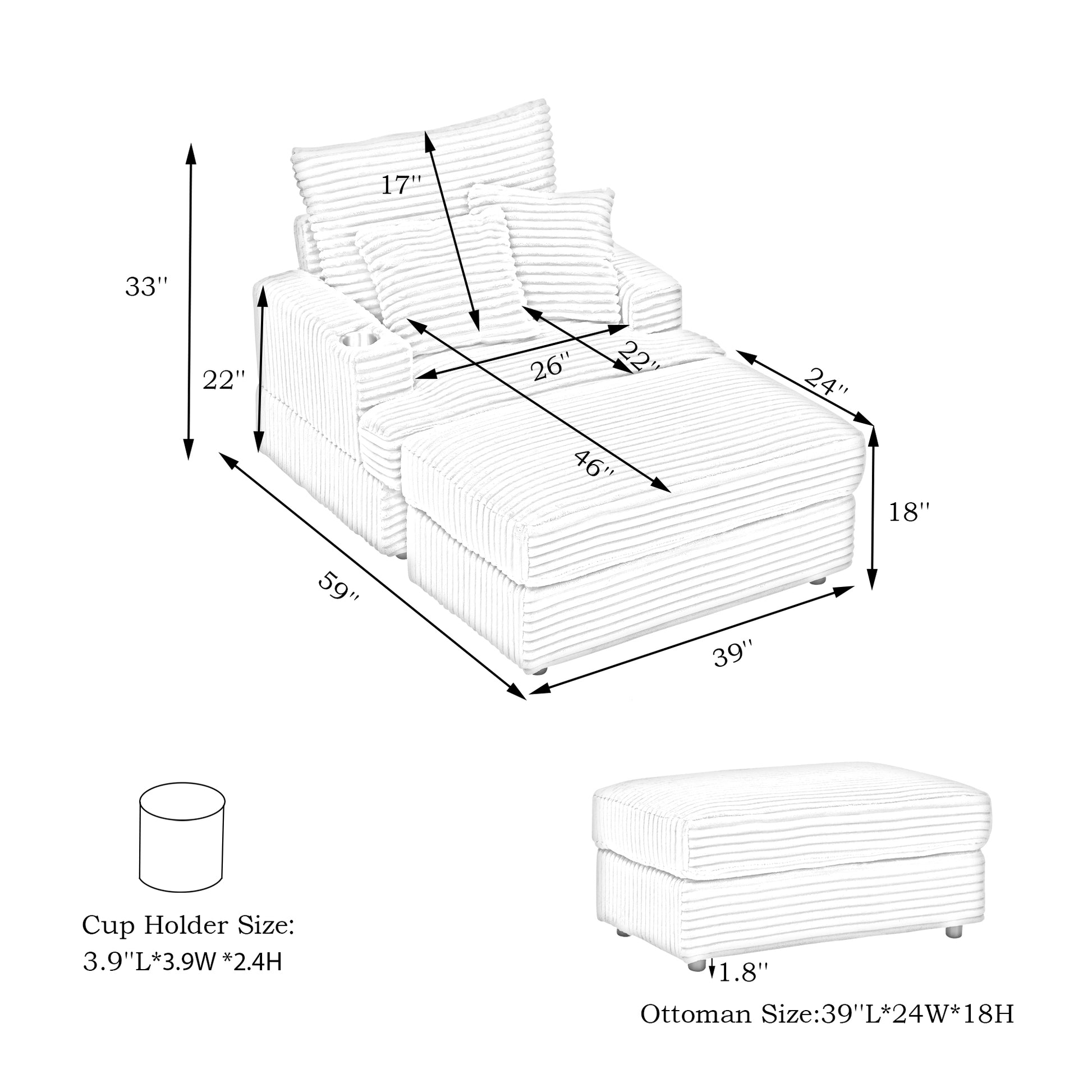 39 Inch Spring Upholstered Armchair And Ottoman Set Comfortable Single Sofa With Cup Holder And Corduroy Fabric, Perfect For Living Room Or Bedroom White Corduroy 1 Seat