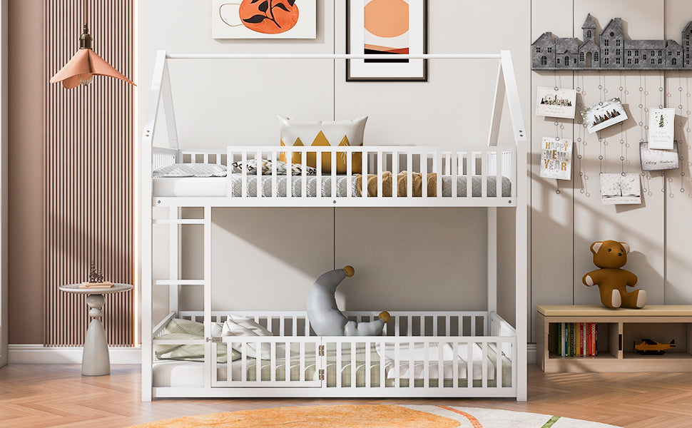Metal Twin Over Twin House Bunk Bed With Fence And Door, White Box Spring Not Required Twin White Metal Bedroom Metal