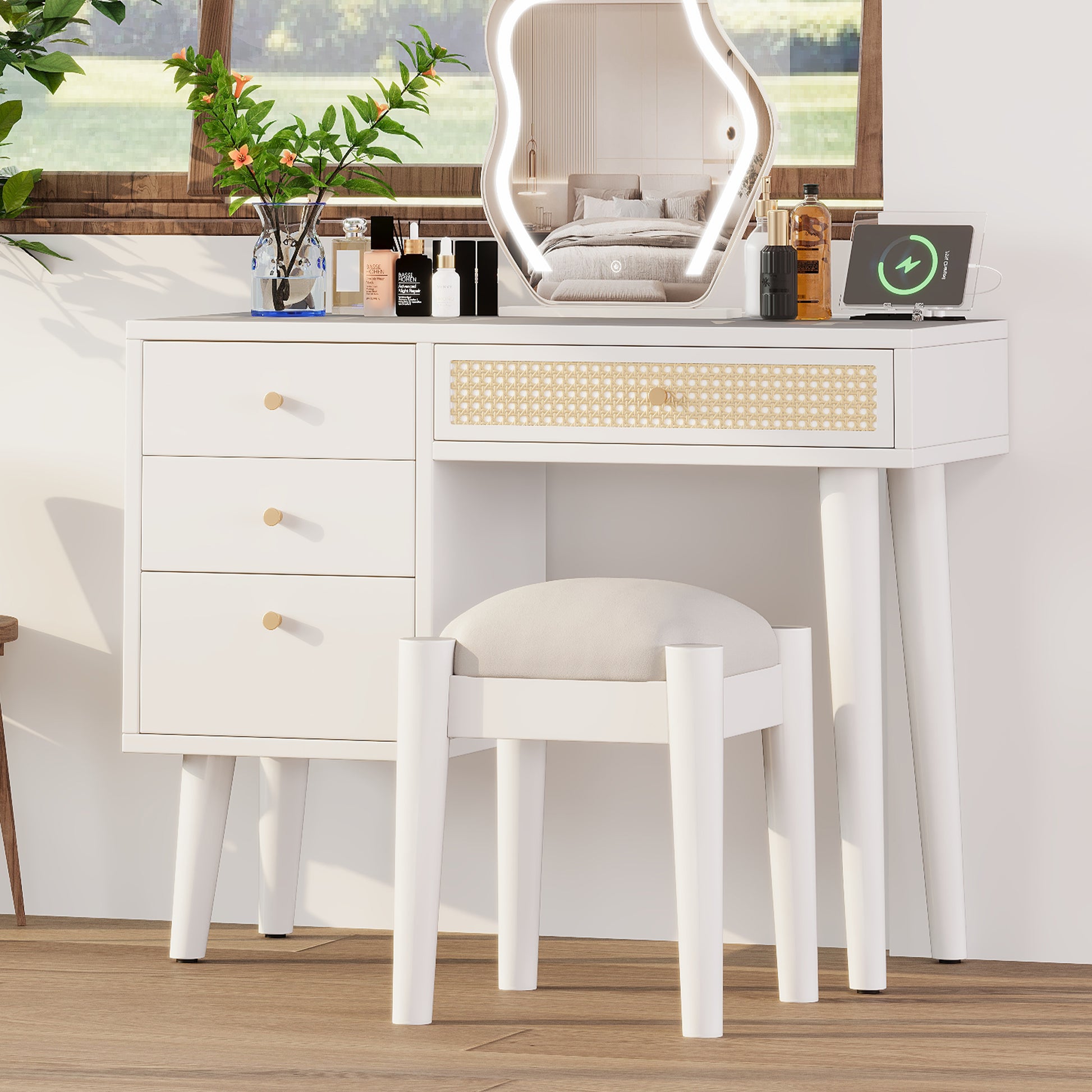 39" Retro Bohemian Style Wooden Makeup Vanity Set With Charging Plug&Usb Port And Stool, Dressing Table With 3 Storage Drawers And 1 Rectangular Rattan Drawer, White White 4 Drawers Wood
