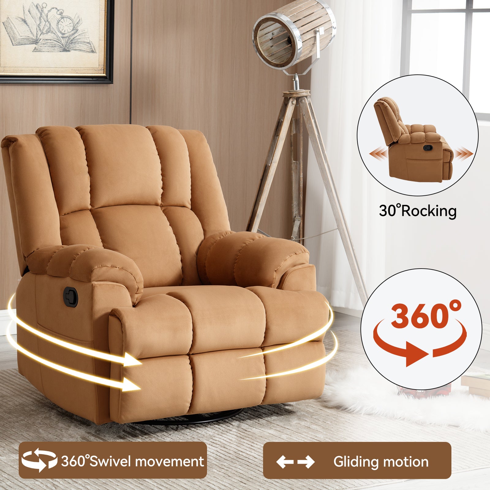 Manual Recliner Chair With Rocker And Swivel In Fabric For Living Room, Beige Beige Polyester Manual Handle Metal Primary Living Space Medium Firm Cushion Back Heavy Duty American Design Pine Pillow Top Arms Fiber Foam And Polyester Fiber Pad Fabric