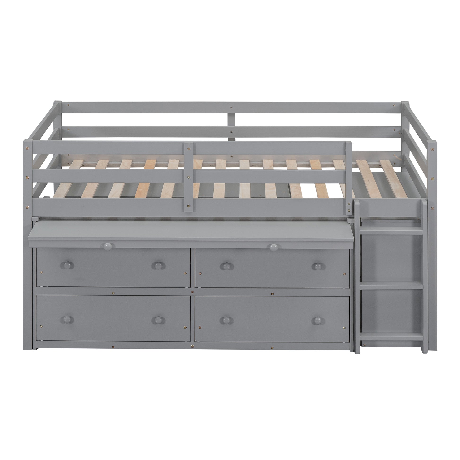 Twin Size Loft Bed With Retractable Writing Desk And 4 Drawers, Wooden Loft Bed With Lateral Portable Desk And Shelves, Gray Gray Solid Wood Mdf