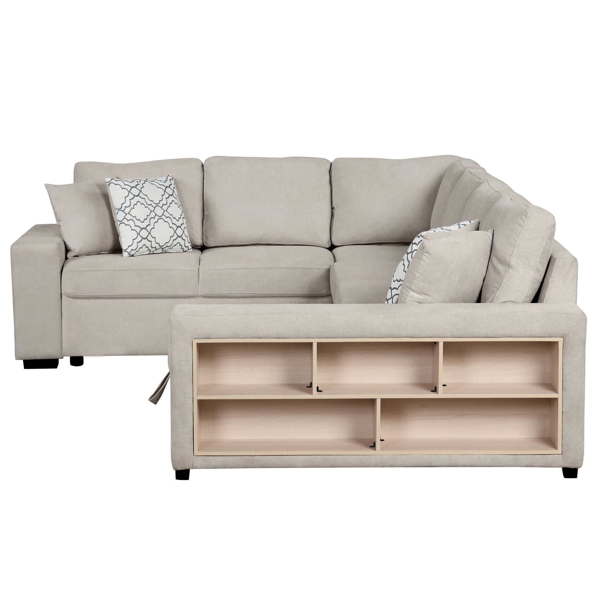 109" U Shaped Sectional Sofa Pull Out Sofa Bed With Two Usb Ports, A Storage Chaise Lounge And Four Back Pillows For Living Room, Beige Beige Foam Chenille 5 Seat