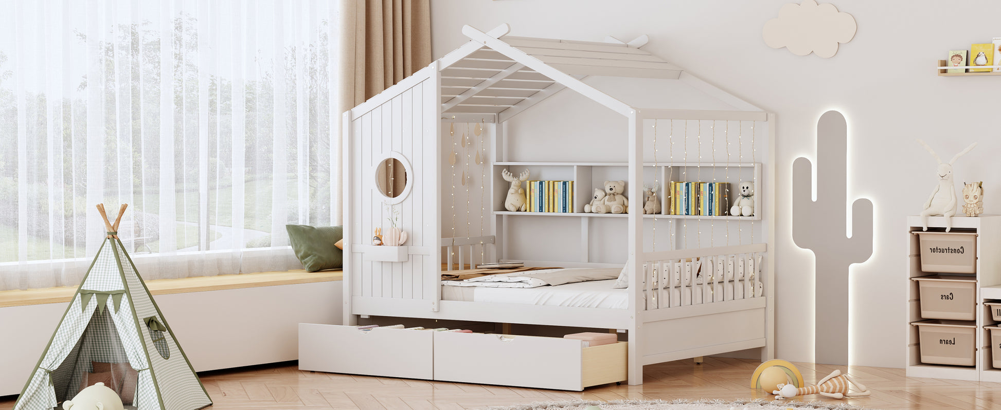 Wooden Full Size House Bed With 2 Drawers,Kids Bed With Storage Shelf, White Full White Solid Wood