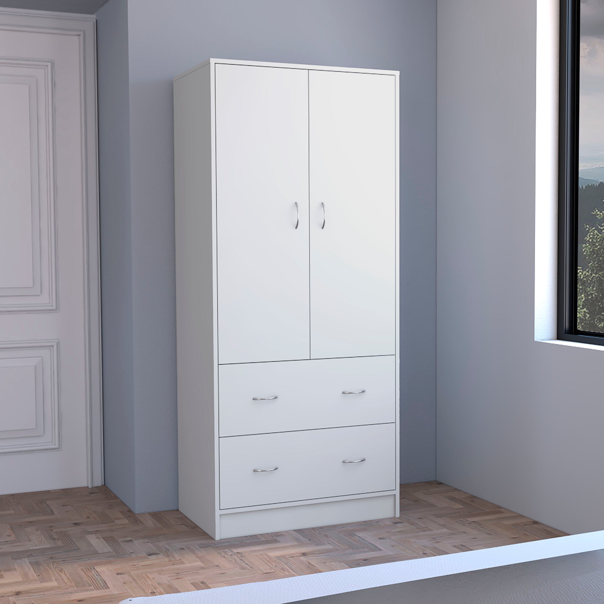 Taly Armoire With Double Doors, 2 Drawers, And Hanging Rod White White Particle Board