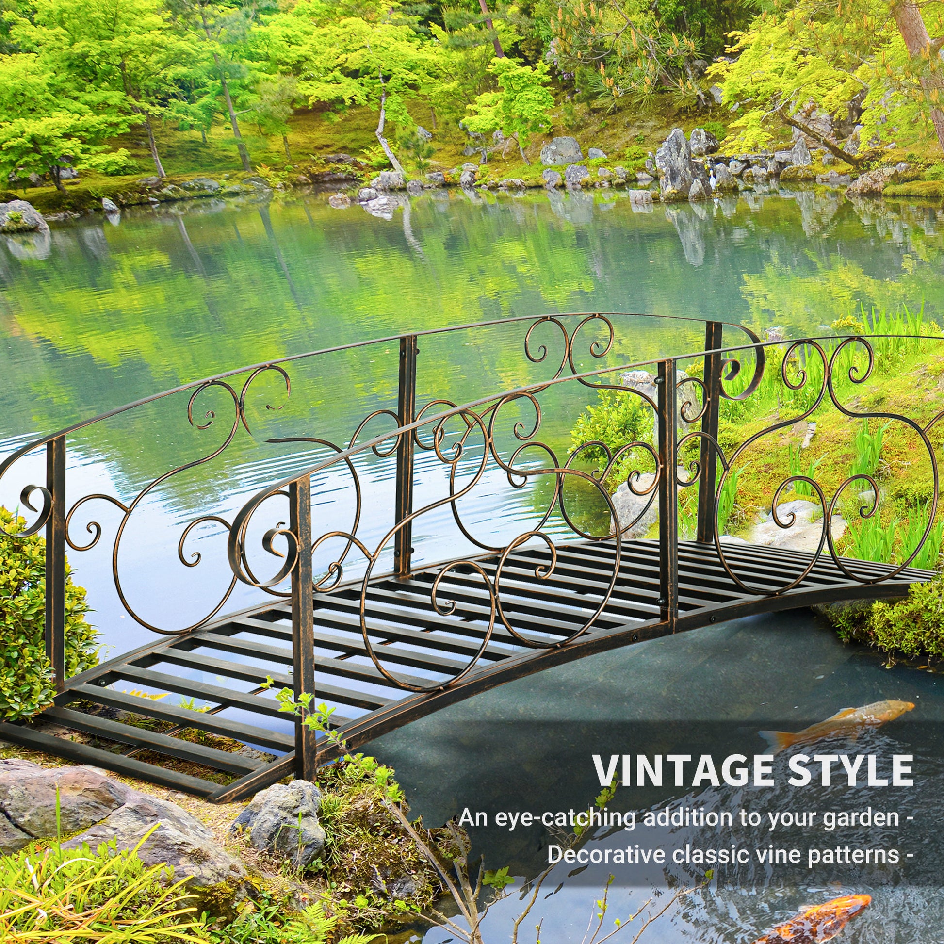 Outsunny 6' Metal Arch Backyard Garden Bridge, Safety Siderails, Arc Footbridge For Backyard Creek, Stream, Pond, Bronze Bronze Steel