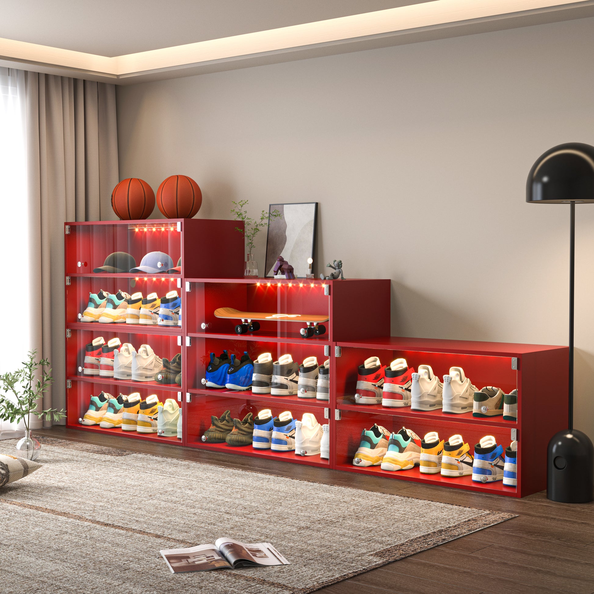 Red Led Light Shoe Box Three Layers With Glass Doors Filing Cabinets 3 4 Shelves Red Built In Lighting American Design,American Traditional,Antique Wood Glass