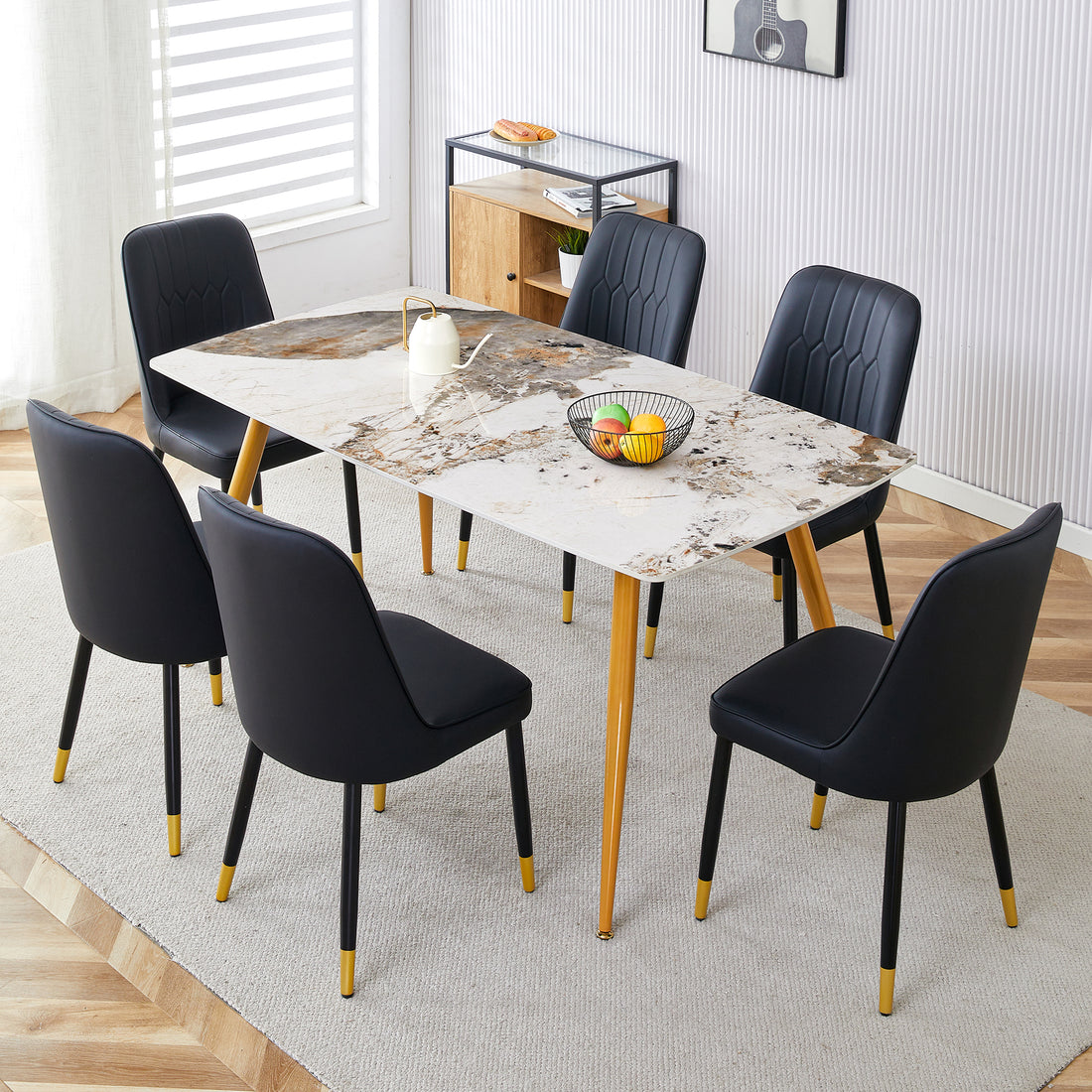 Table And Chair Set.Modern Minimalist Dining Table. White Imitation Marble Pattern Sintered Stone Desktop With Golden Metal Legs.Paried With 6 Comfortable Chairs With Pu Seats And Black Metal Legs.