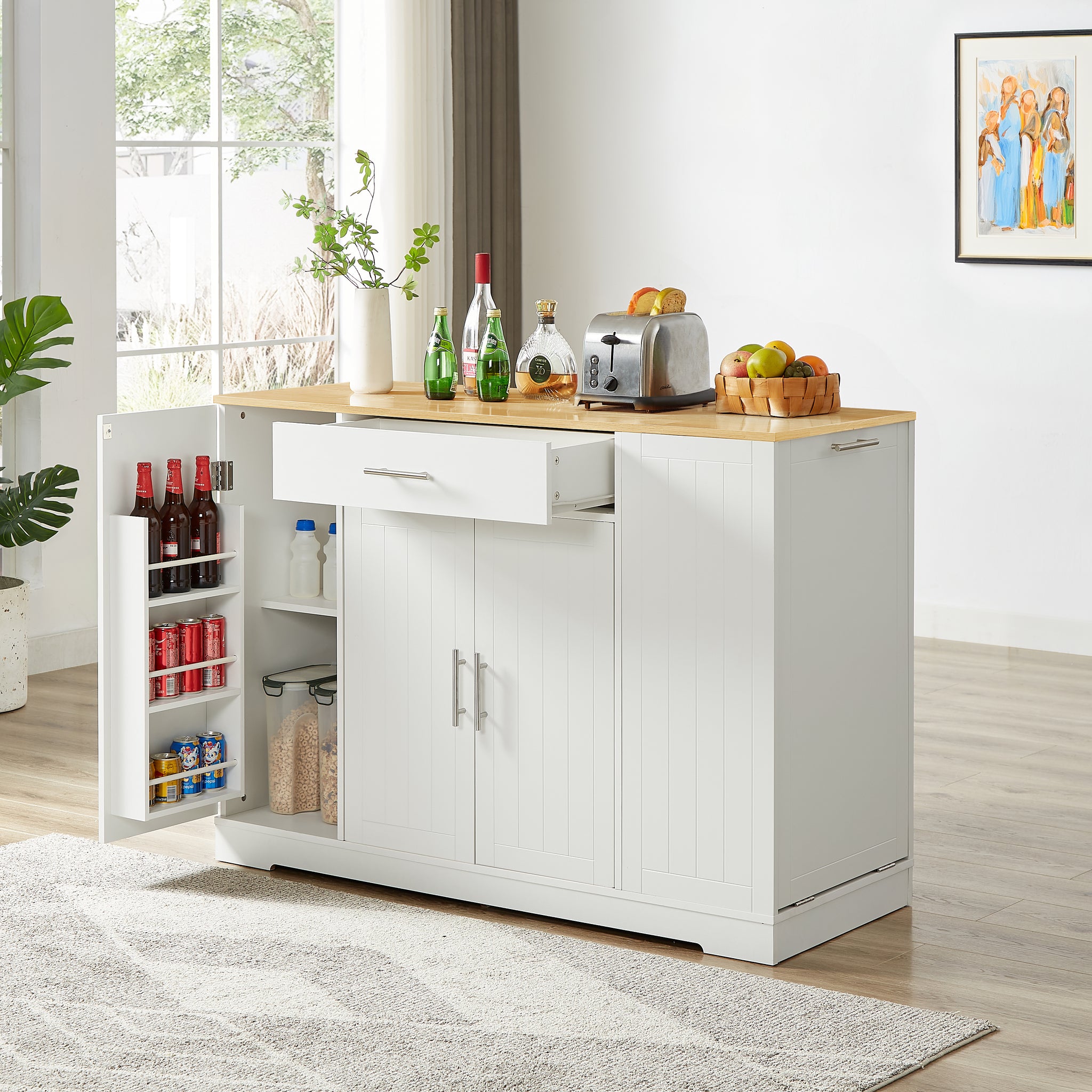 53 Inch Large Kitchen Island With Trash Can Storage Cabinet, Islands Table With Drawer And Adjustable Shelves, Breakfast Bar Cabinet For 13 Gallon Garbage Bin, White & Oak White Particle Board