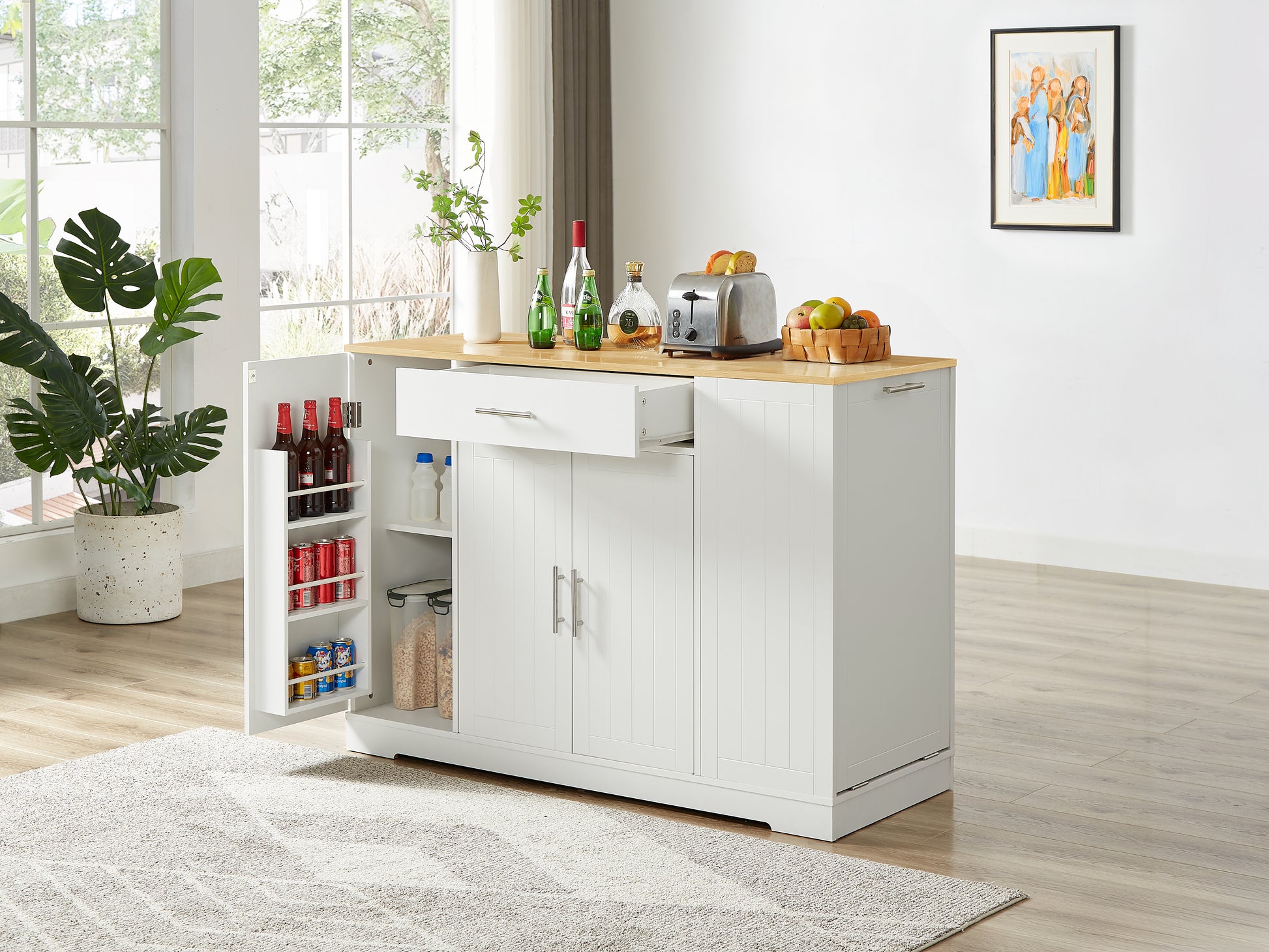 53 Inch Large Kitchen Island With Trash Can Storage Cabinet, Islands Table With Drawer And Adjustable Shelves, Breakfast Bar Cabinet For 13 Gallon Garbage Bin, White & Oak White Particle Board