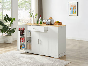 53 Inch Large Kitchen Island With Trash Can Storage Cabinet, Islands Table With Drawer And Adjustable Shelves, Breakfast Bar Cabinet For 13 Gallon Garbage Bin, White & Oak White Particle Board