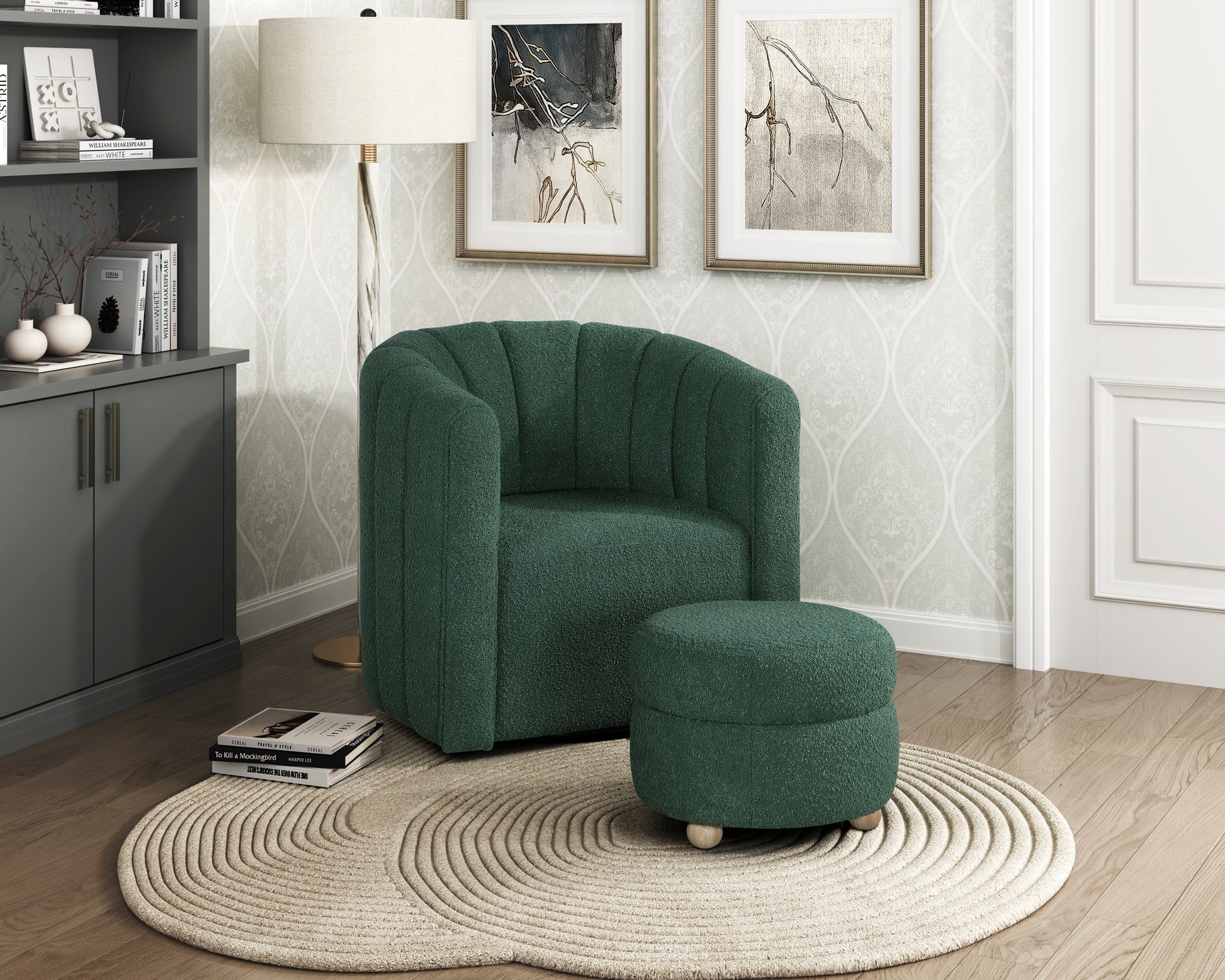 Modern Contemporary Swivel Chair With Ottoman Green Boucle Fabric Upholstery Solid Wood Living Room Furniture Green Primary Living Space Contemporary,Modern Plywood,Solid Wood