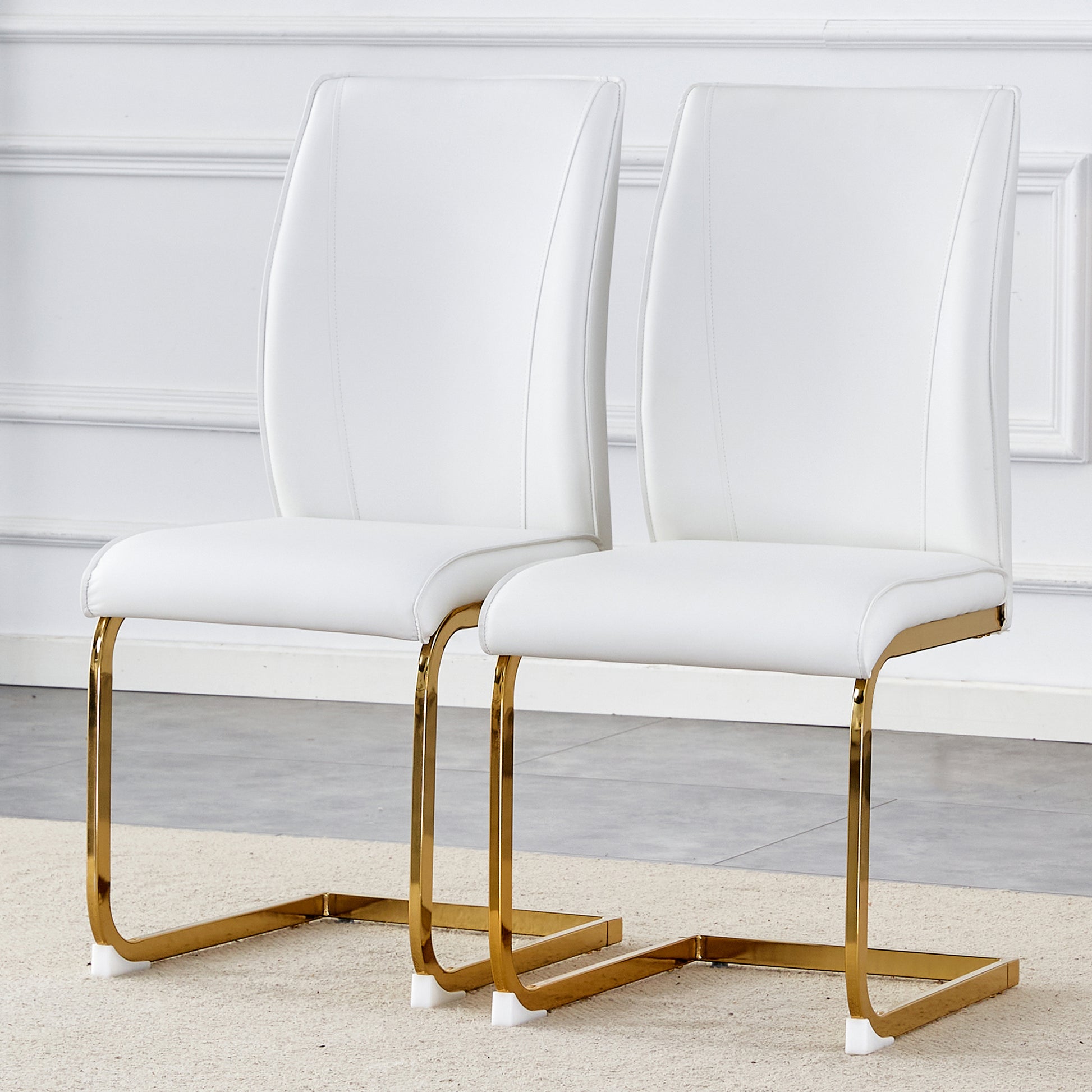 Luxury Simple Arch Chair Set Of 2 White Pu Material High Resilience Dining Chair With Arched Metal Gold Leg. White Black Set Of 2 Metal,Pu
