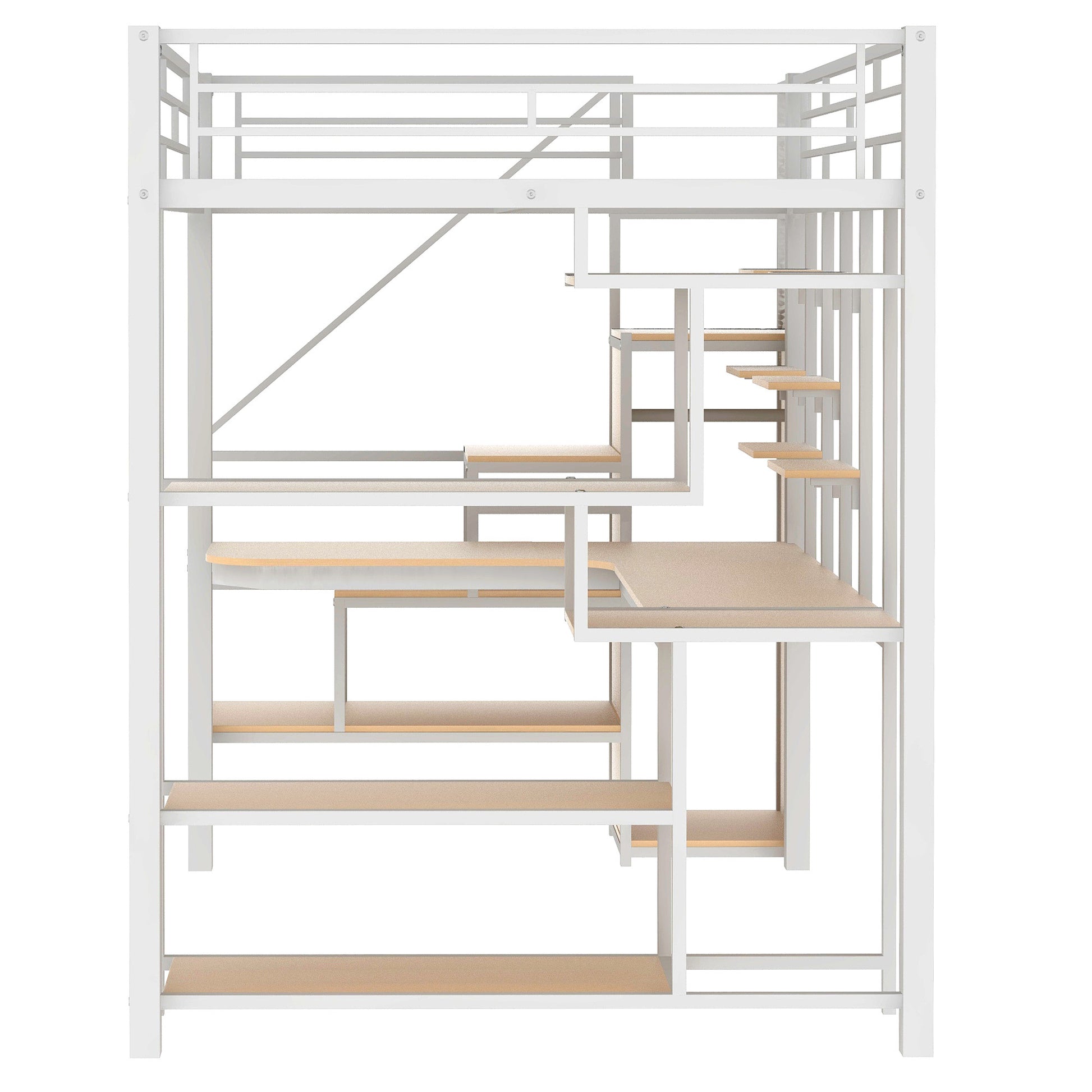 Full Size Metal Loft Bed With Storage Staircase And Small Wardrobe, Built In Desk And Storage Shelves, White Full White Metal