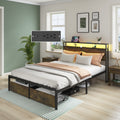 Full Bed Frame With Led Lights And Charging Station Robust Metal Wood Construction, Rustic Wood Platform Bed Frame With 2 Drawers, No Box Spring Needed, Noise Free, Vintage Brown, Easy Assemble Box Spring Not Required Full Black Brown Metal Brown Bedroom