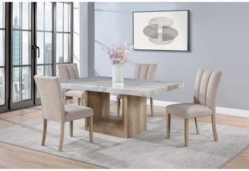 Sheena 5Pc Dining Table Set Natural Wood Dining Room Fixed Table Rubberwood Rectangular Dining Table With Chair Upholstered Chair Faux Marble Beige Natural Solid Back Seats 4 72 Inches Modern Double