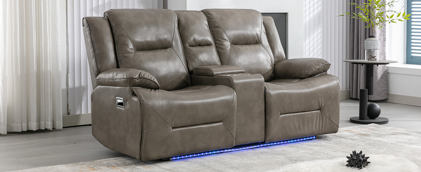 Home Theater Recliner Set Manual Recliner Chair With A Led Light Strip Two Built In Cup Holders For Living Room,Bedroom, Grey Grey Foam Pu