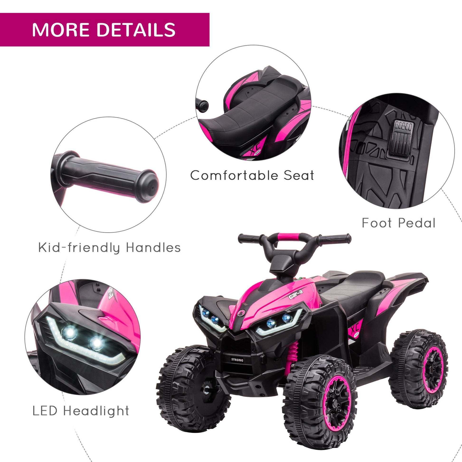 Aosom 12V Kids Atv Quad Car With Forward & Backward Function, Four Wheeler For Kids With Wear Resistant Wheels, Music, Electric Ride On Atv For Toddlers Ages 3 5 Years Old, Pink Pink Iron Plastic