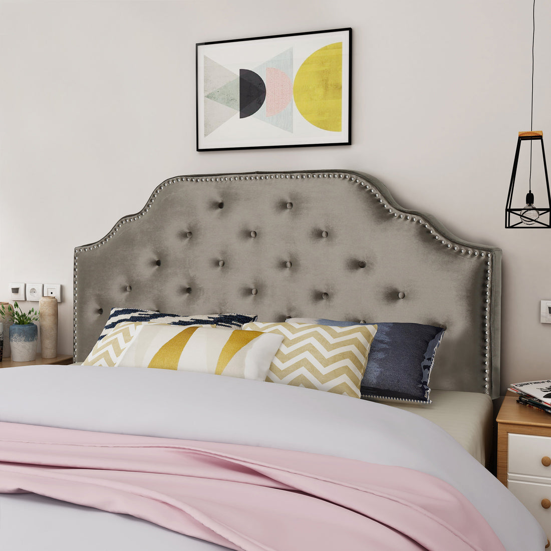 Queen&Full Sized Headboard Grey Velvet