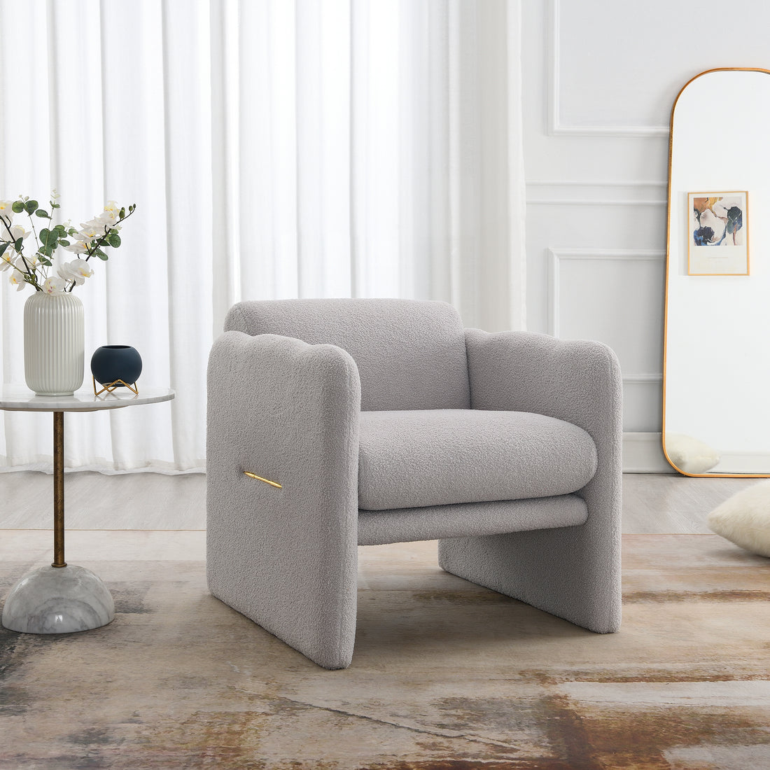 Arm Chair With Waved Arms, Metal Decoration On Both Side Arms, Accent Chair For Primary Living Space,Living Room,Bedroom, Teddy Fabric, Light Grey Light Grey Primary Living Space Modern Foam Plywood