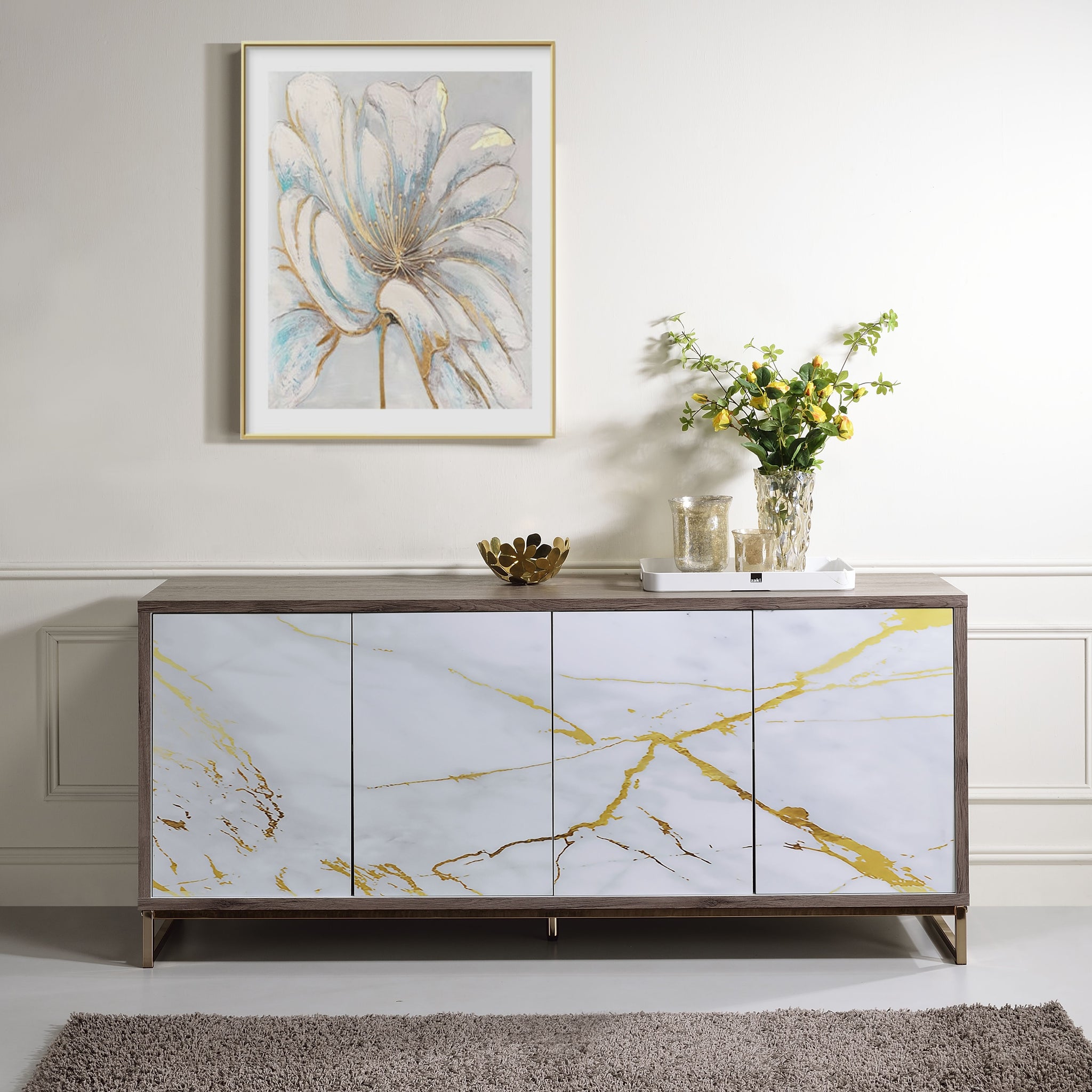 Paavan Console Cabinet, White Marble Paint, Oak & Champagne Ac02343 Oak Metal