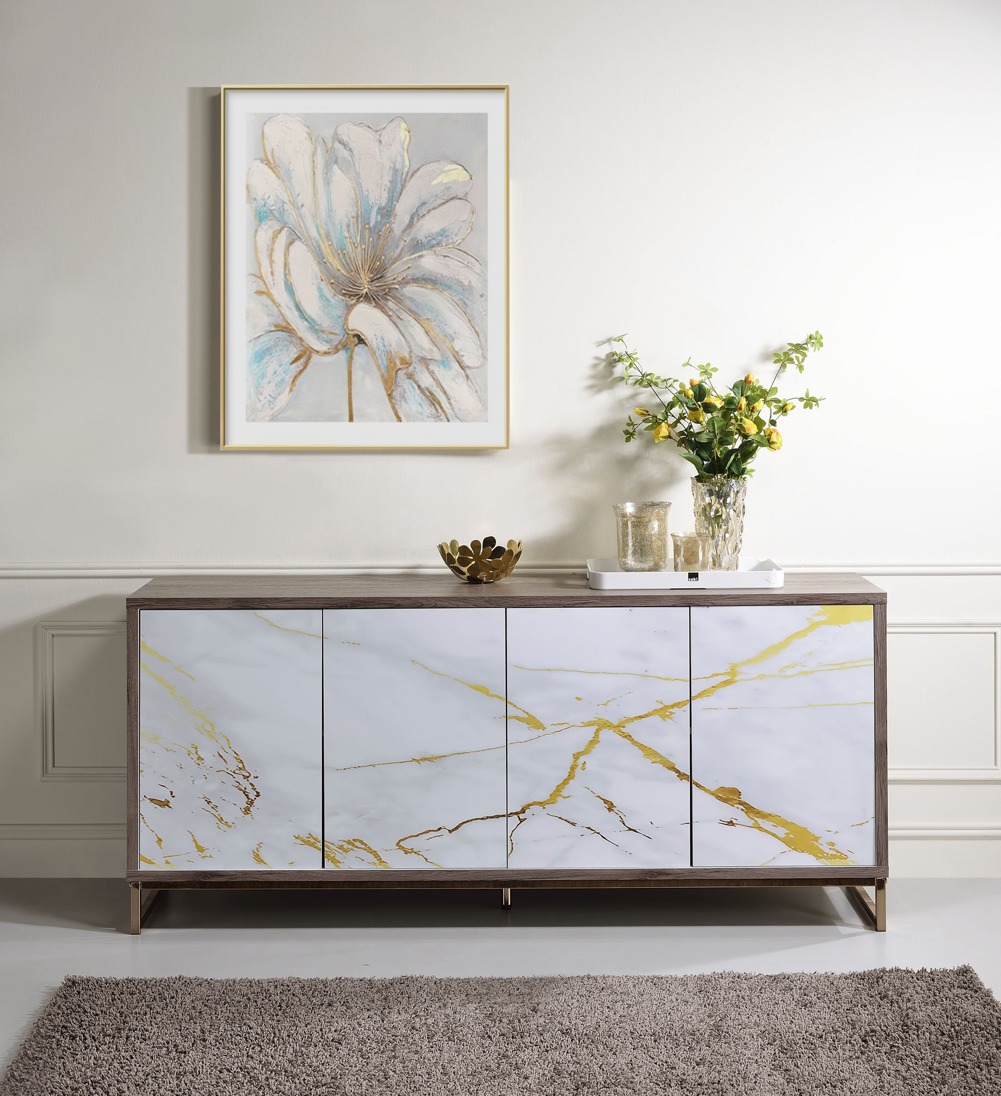 Paavan Console Cabinet, White Marble Paint, Oak & Champagne Ac02343 Oak Metal