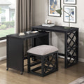 Desks And Stool Set 3Pc Black Finish Rolling Desk With Casters, 2 Charging Ports Home Office Furniture Black Primary Living Space Contemporary Desk Rectangular Wood