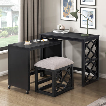 Desks And Stool Set 3Pc Black Finish Rolling Desk With Casters, 2 Charging Ports Home Office Furniture Black Primary Living Space Contemporary Desk Rectangular Wood