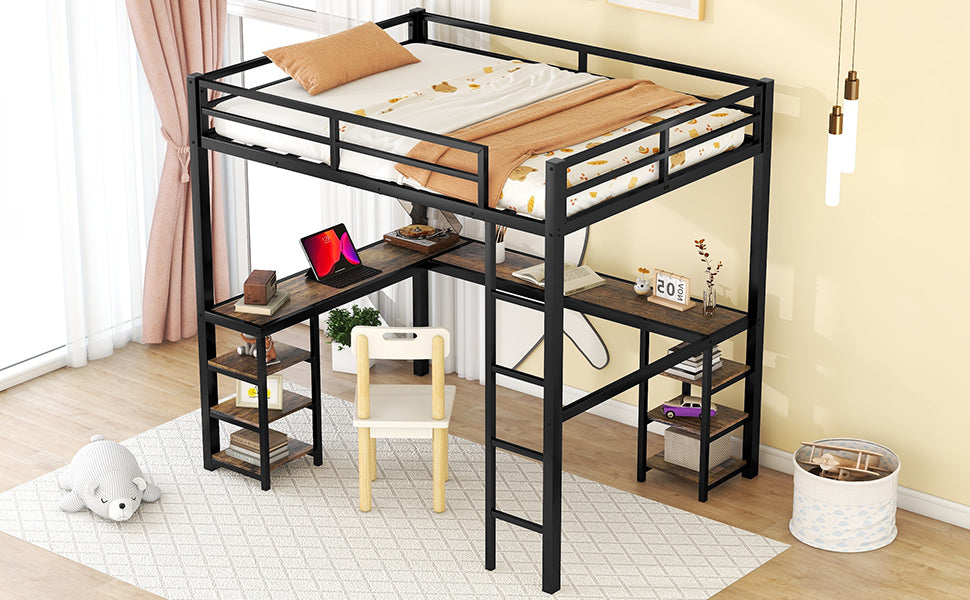 Full Metal Loft Bed With Desk And Shelves, Loft Bed With Ladder And Guardrails, Loft Bed Frame For Bedroom, Black With Vintage Wood Colored Desk Old Sku: W1307S00022 Full Black Metal