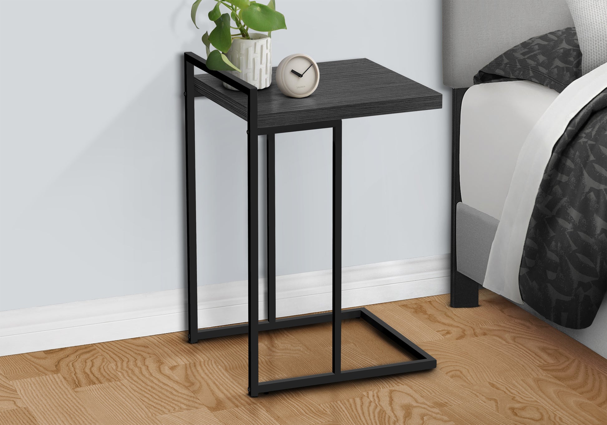 Accent Table, C Shaped, End, Side, Snack, Living Room, Bedroom, Grey Laminate, Black Metal, Contemporary, Modern Grey Particle Board