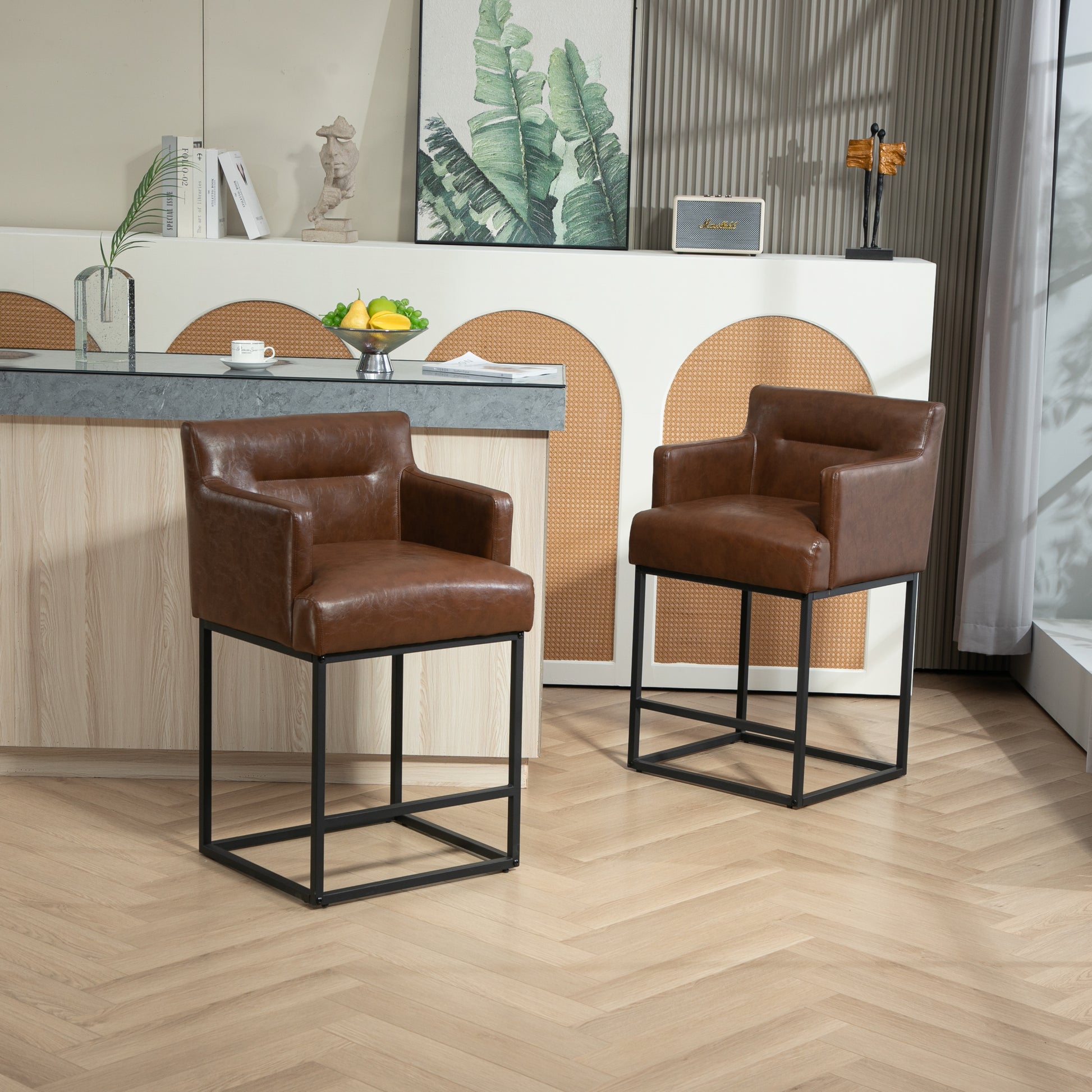 Coolmore Counter Height Bar Stools Set Of 2, Modern Barrel Bar Stool With Backrest And Arms, Black Metal Frames, Upholstered Bar Stools For Kitchen Island, Pub, Club Brown Pu Foam Pu Leather