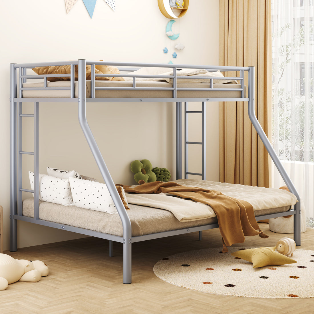 Twin Xl Over Queen Metal Bunk Bed With Ladder And Guardrails, Silver Expected Arrival Time: 9.7 Box Spring Not Required Twin Xl Silver Metal Metal