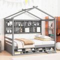 Full House Bed With Roof Frame, Bedside Shelves, Under Bed Storage Unit,Grey Full Grey American Design Pine