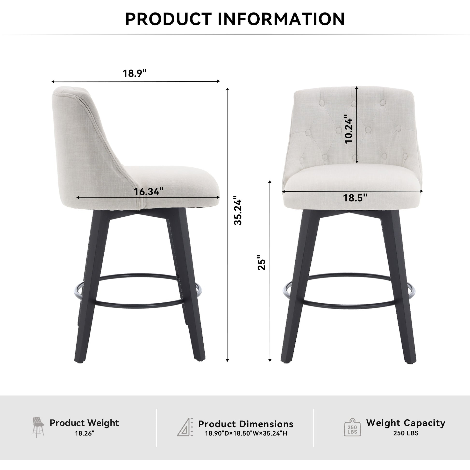 007 Swivel Counter Chairs, Modern Linen Fabric With Button Tufted Backrest, Stylish Bar Stools, Set Of 2 For Bar, Kitchen Island, Dining Room, White White Foam Modern Bar Stools Set Of 2 Foam Linen