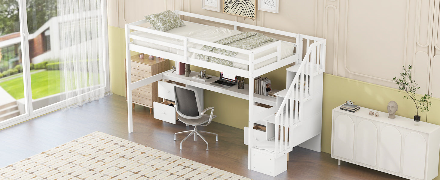 Twin Size Loft Bed Frame With Built In Desk And Double Storage Drawers,White Twin White Solid Wood Mdf