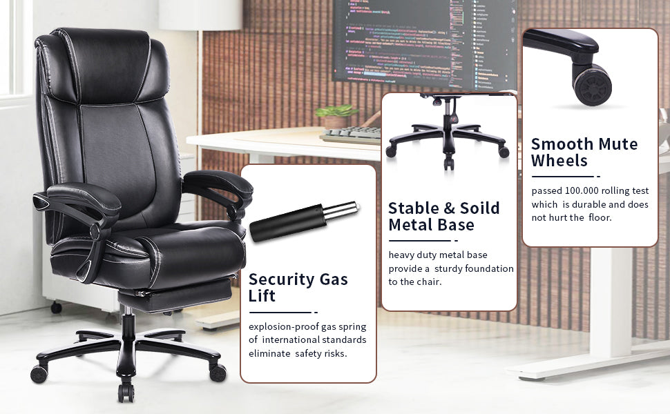 Office Chair With Footrest 400Lb Big And Tall Computer Gaming Chair Ergonomic Executive High Back Reclining Leather Desk Chair With Adjustable Lumbar Support And Heavy Duty Metal Base Metal Black Office Sponge Leather