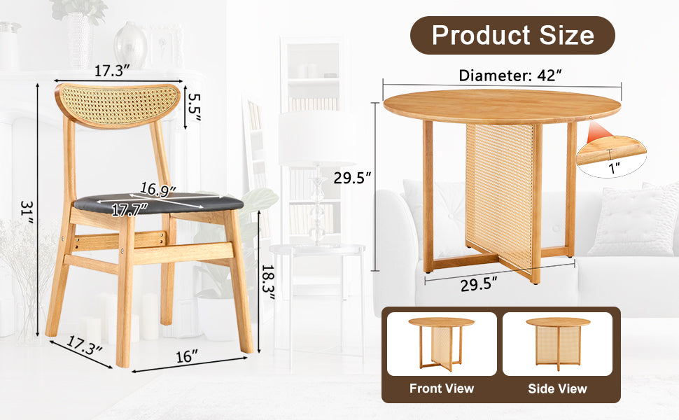 Table And Chair Set, Ancient Style Solid Wood Dining Table, Imitation Rattan Table Legs, Beautiful Simple Solid Wood Dining Chair, Perfect For Dinner, Meetings, Home And Office Decoration Wood Rubber Wood