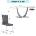 Table And Chair Set. Large Modern Rectangular Table With Glass Top And Silver Metal Legs. Furnished With Soft And Comfortable Pu Chairs With Faux Leather Upholstered Seats And Silver Metal Legs. Gray Silver Seats 6 Glass Metal