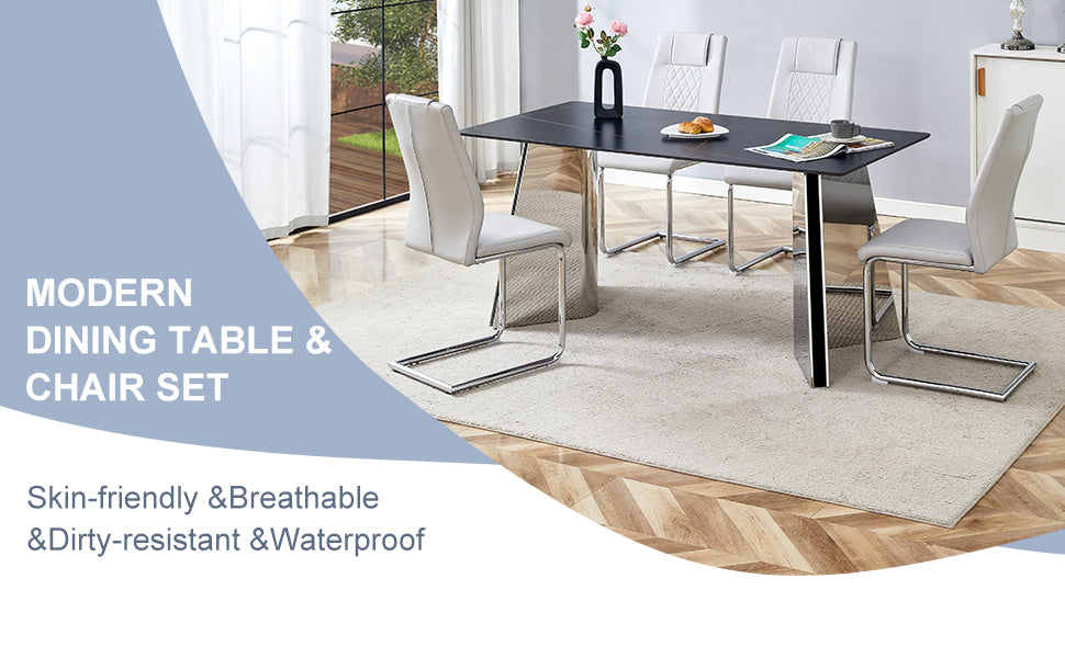 Table And Chair Set.63"X31.5X30" Black Marble Patterned Slabs Tabletop With Stainless Steel Butterfly Legs.Paried With 4 Light Gray High Quality Pu Chairs With Silver Metal Legs. Light Gray,Silver