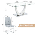 Table And Chair Set.Modern Dining Table,Tempered Glass Tabletop And Silver Colored Leg.Paired With 4 Soft And Comfortable Light Gray Pu Chair, Perfect For Dinner, Meetings, Home And Office Decor.
