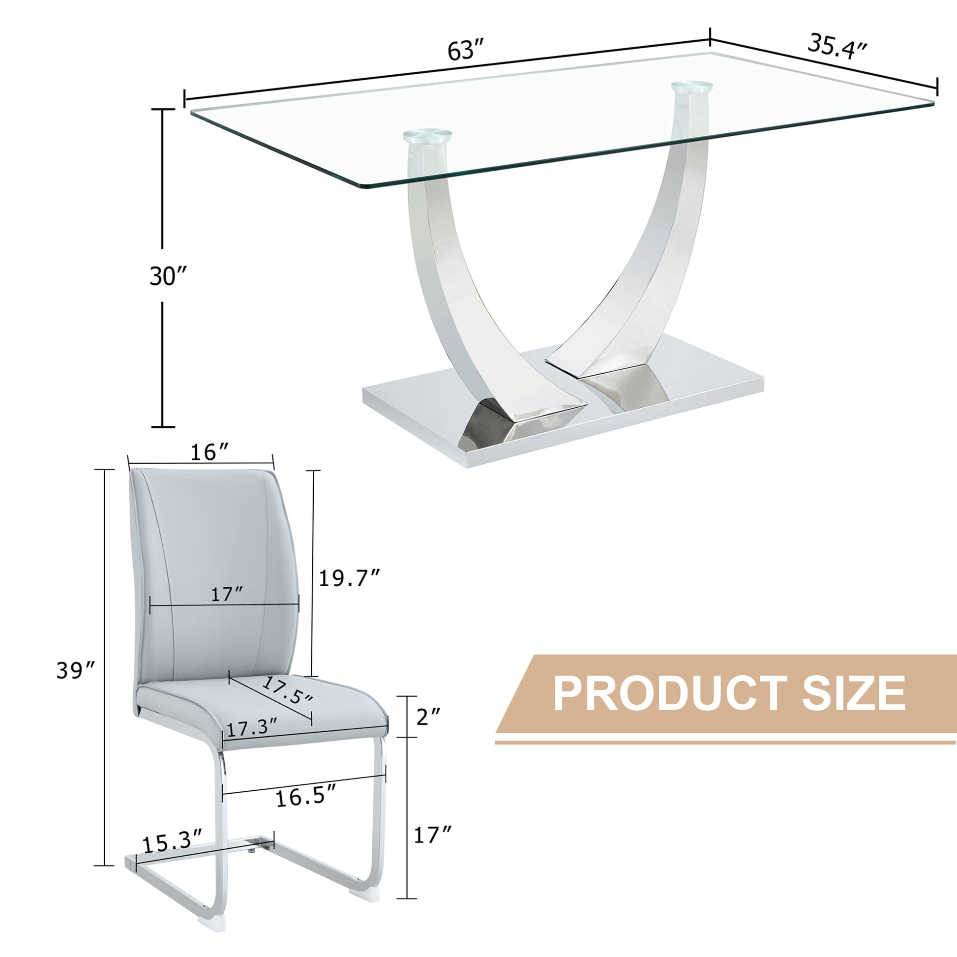 Table And Chair Set.Modern Dining Table,Tempered Glass Tabletop And Silver Colored Leg.Paired With 4 Soft And Comfortable Light Gray Pu Chair, Perfect For Dinner, Meetings, Home And Office Decor.