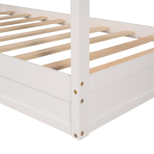 Wood House Bed Twin Size, 2 Twin Solid Bed L Structure With Fence And Slatted Frame, White Twin White Plywood