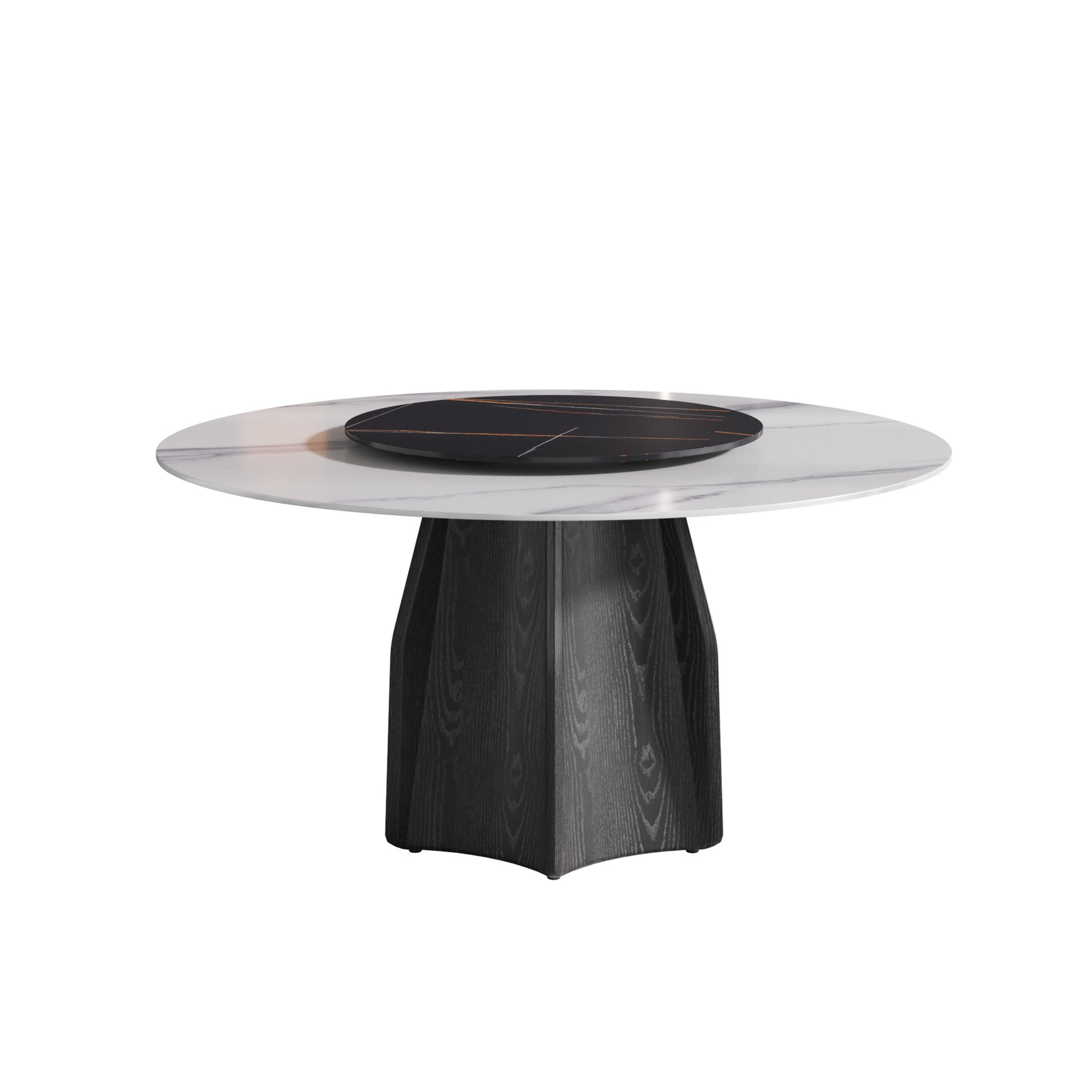 59.05" Round Marble Dining Table With Black Textured Solid Wood Base, Artificial Marble For 6 8 People, 31.5"Black Artificial Stone Turntable,White&Black Dining Table Only Black,White Dining Room