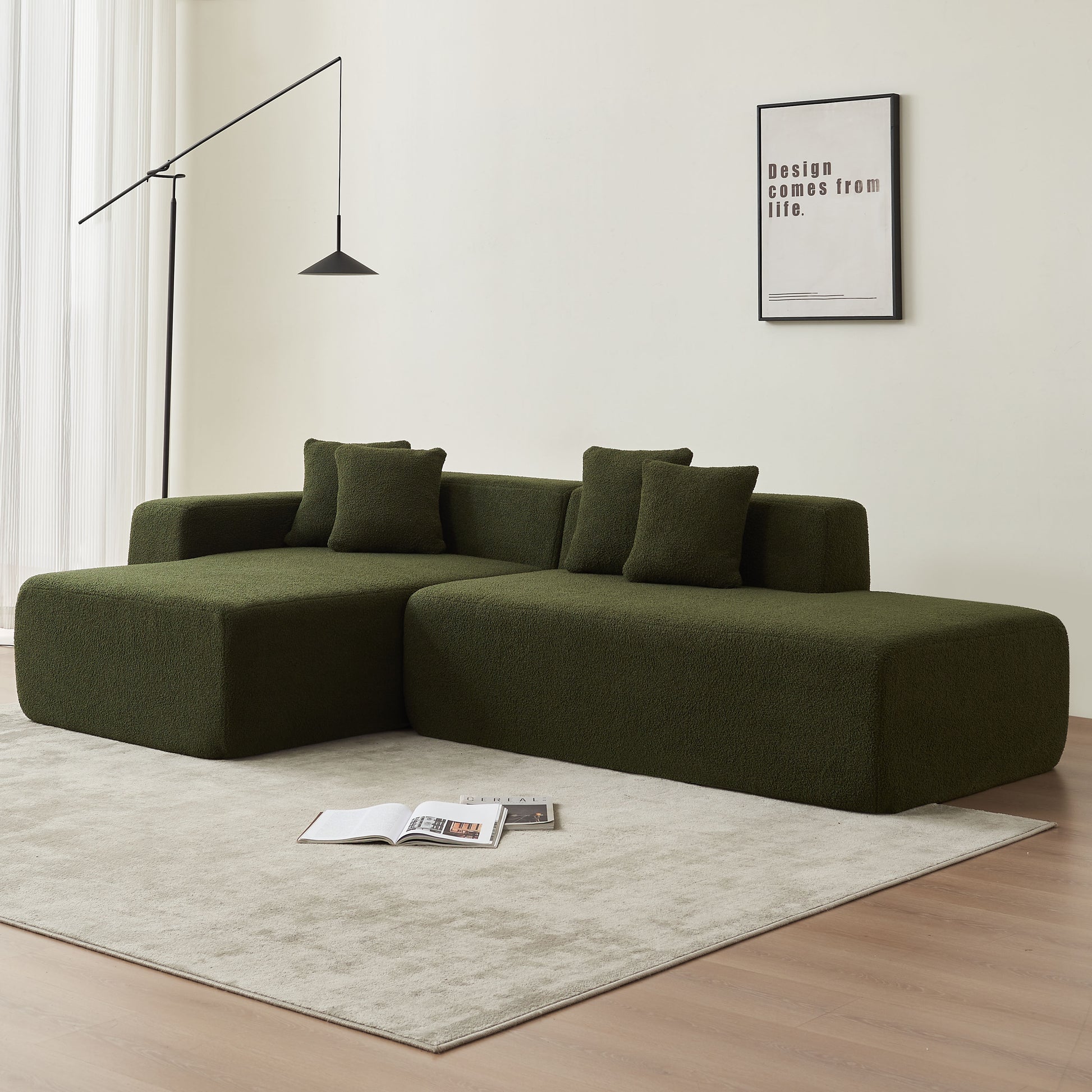 Modular Sectional Couch, Lambswool Fabric Modern L Shape Sectional Sofa With Chaise Lounge, Living Room Upholstered 5 Seater Corner Sofa Couch For Bedrooms, Apartment Green Foam Sherpa 5 Seat