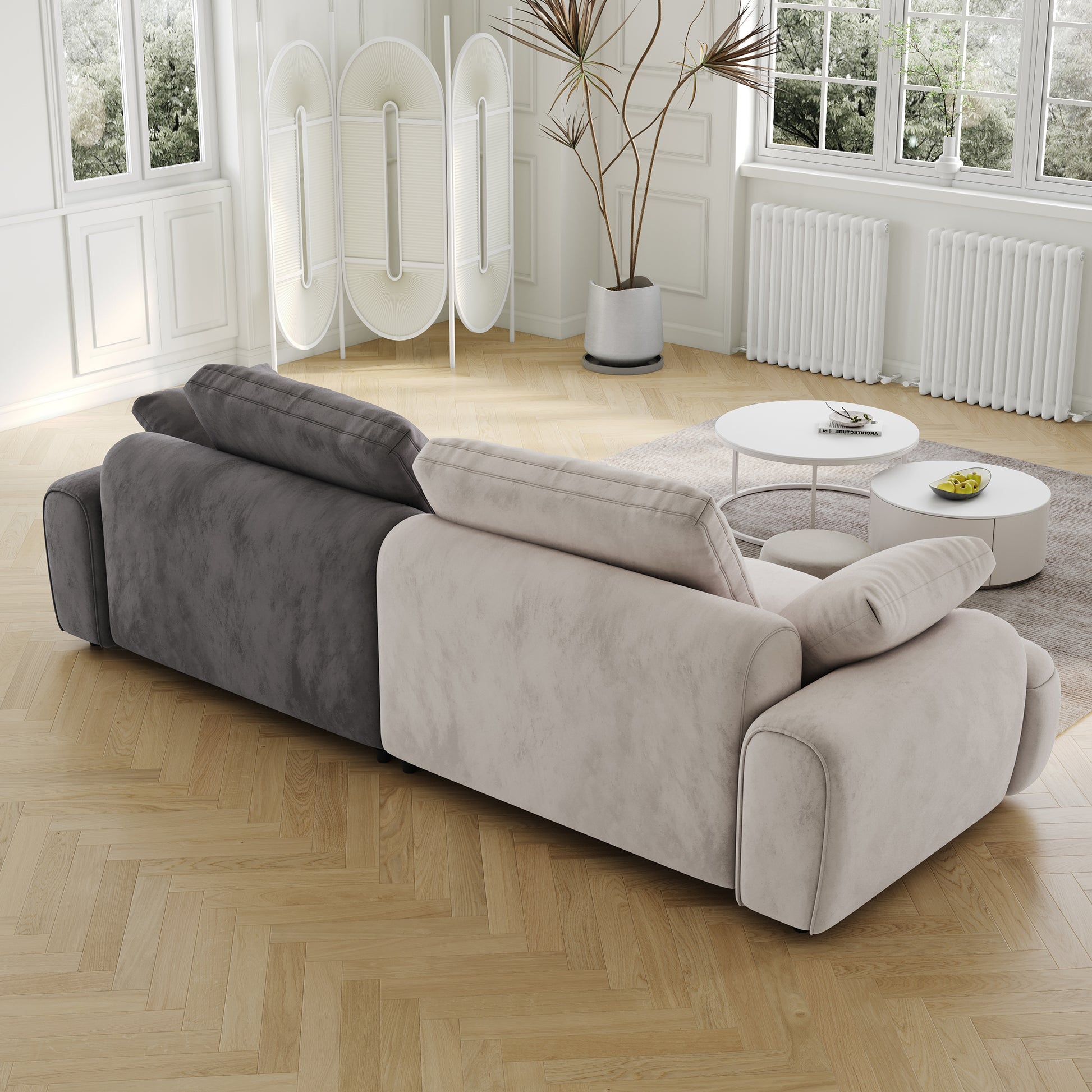 86.6 Large Size Two Seat Sofa,Modern Upholstered,Beige Paired With Grey Suede Fabric Beige Grey Velvet Wood Primary Living Space Soft Modern Eucalyptus Polyurethane Foam Eucalyptus 3 Seat
