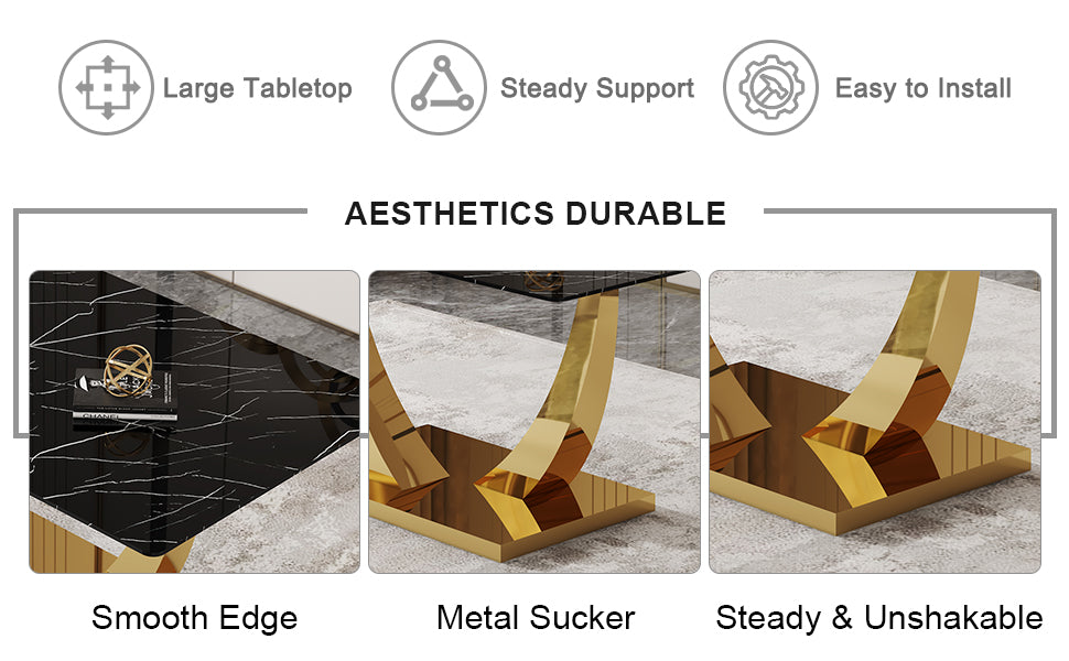 Table And Chair Set.Modern Rectangular Dining Table With Black Textured Stickers Glass Tabletop And Gold Plated Metal Legs.Paried With 6 Comfortable Chairs With Pu Seats And Black Metal Legs. Black Gold,Light Gray Seats 6 Glass Metal