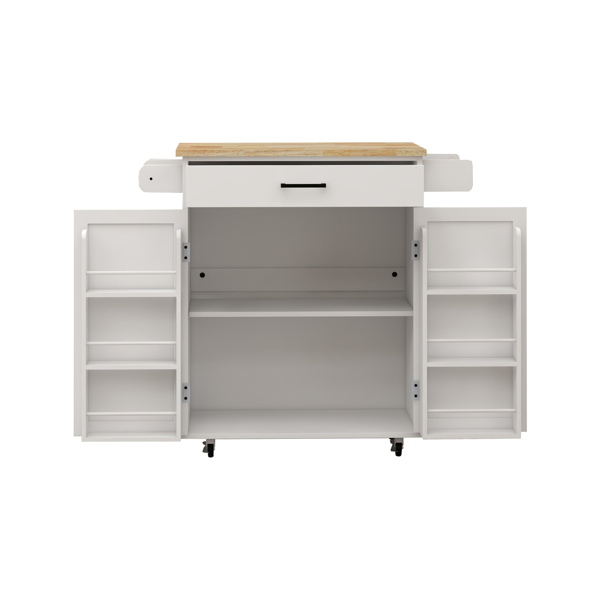 Kitchen Island Rolling Trolley Cart With 1 Drawer & 2 Doors With Storage Racks & Adjustable Shelves & Towel Rack & Seasoning Rack Rubber Wood Table Top White White Solid Wood Mdf