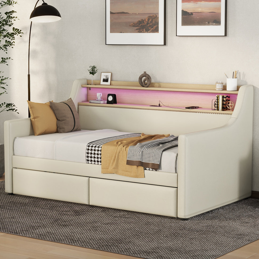 Twin Size Daybed With Storage Drawers, Upholstered Daybed With Charging Station And Led Lights, Beige Old Item W1580S00022 Twin Beige Pu Leather