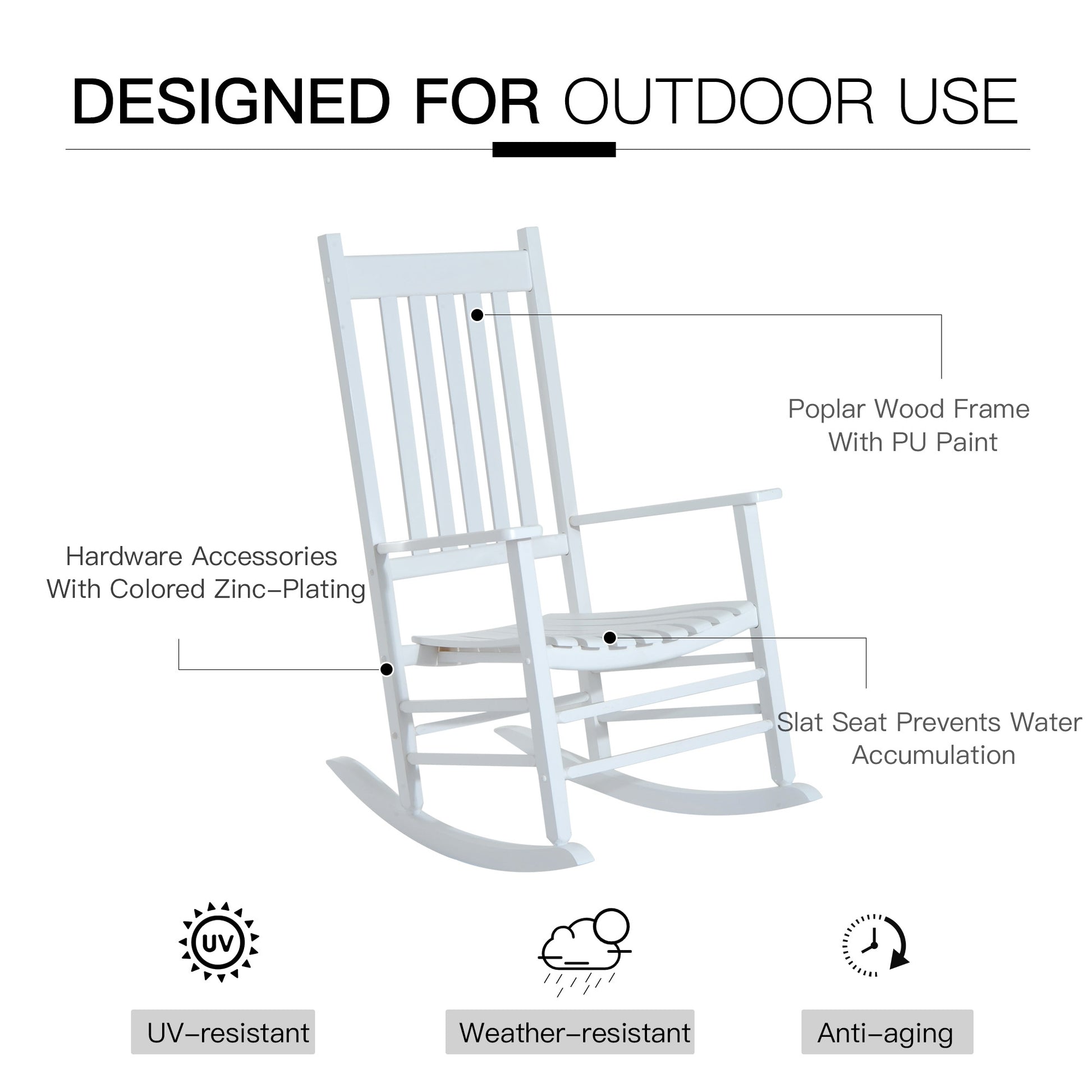 Outsunny Outdoor Rocking Chair, Patio Wooden Rocking Chair With Smooth Armrests, High Back For Garden, Balcony, Porch, Supports Up To 352 Lbs., White White Wood